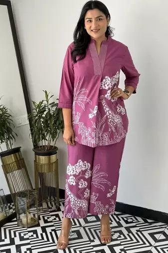 Floral printed purple round neck pure cotton co-ord set