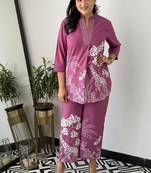 Floral printed purple round neck pure cotton co-ord set