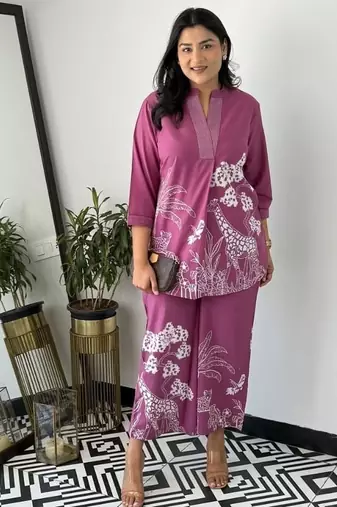 Floral printed purple round neck  cotton co-ord set