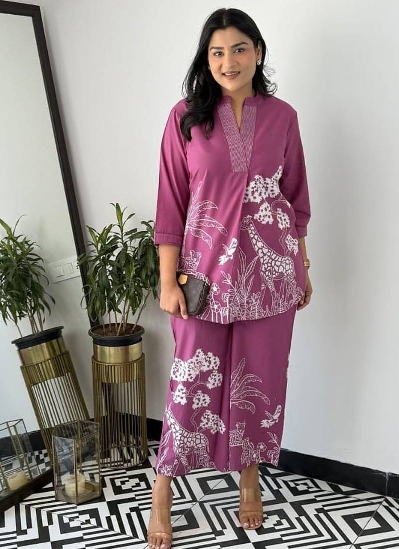 Floral printed purple round neck pure cotton co-ord set