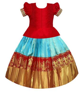 Regal Red & Blue Designer Pavadai Set for Girls 2