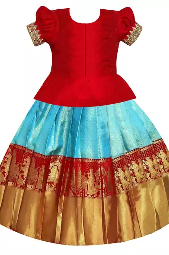 Regal Red & Blue Designer Pavadai Set for Girls
