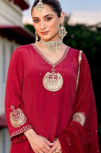 Floral embroidered red v neck chinon kurta set with trouser & dupatta