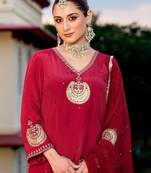 Floral embroidered red v neck chinon kurta set with trouser & dupatta