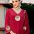 Floral embroidered red v neck chinon kurta set with trouser & dupatta
