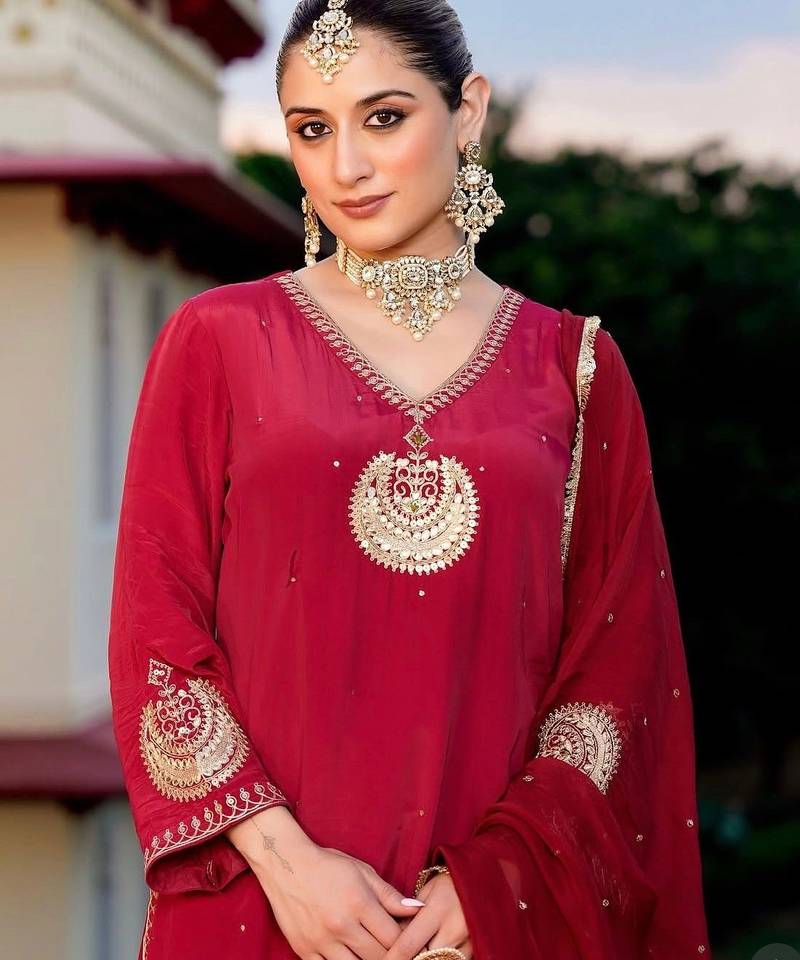 Floral embroidered red v neck chinon kurta set with trouser & dupatta