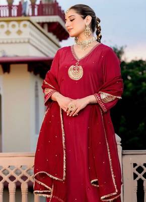 Floral embroidered red v neck chinon kurta set with trouser & dupatta 1
