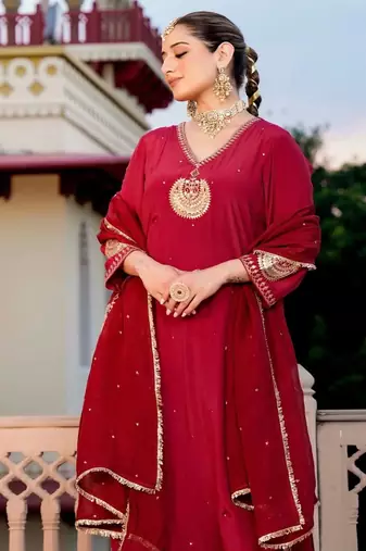 Floral embroidered red v neck chinon kurta set with trouser & dupatta