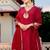 Floral embroidered red v neck chinon kurta set with trouser & dupatta