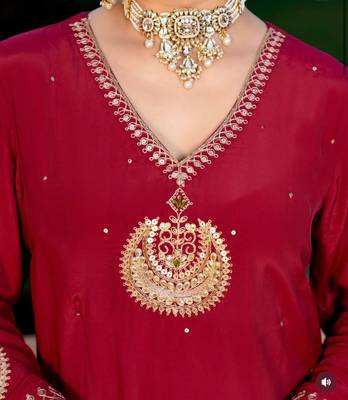 Floral embroidered red v neck chinon kurta set with trouser & dupatta 3
