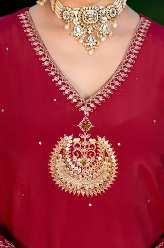 Floral embroidered red v neck chinon kurta set with trouser & dupatta