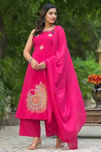 Floral embroidered pink round neck pure cotton kurta set with trouser & dupatta