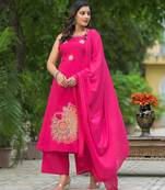Floral embroidered pink round neck pure cotton kurta set with trouser & dupatta