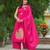 Floral embroidered pink round neck pure cotton kurta set with trouser & dupatta