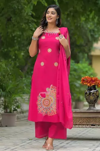 Floral embroidered pink round neck  cotton kurta set with trouser & dupatta