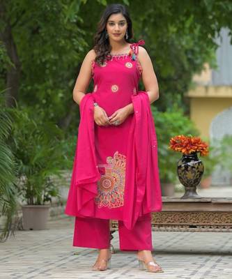 Floral embroidered pink round neck  cotton kurta set with trouser & dupatta 3
