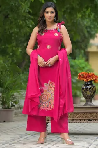 Floral embroidered pink round neck  cotton kurta set with trouser & dupatta