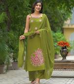 Floral embroidered green round neck pure cotton kurta set with trouser & dupatta