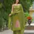 Floral embroidered green round neck pure cotton kurta set with trouser & dupatta