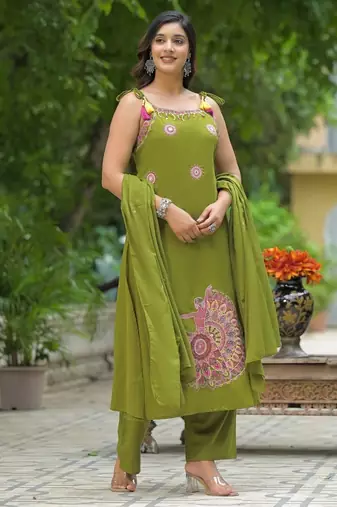 Floral embroidered green round neck  cotton kurta set with trouser & dupatta
