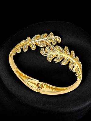 Gold plated leaf cz hinge cuff bracelet 1