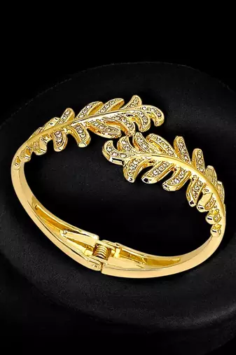 Gold plated leaf cz hinge cuff bracelet