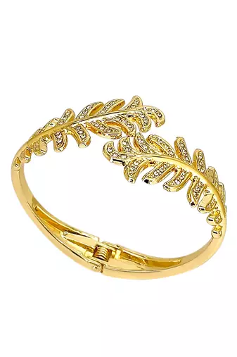 Gold plated leaf cz hinge cuff bracelet