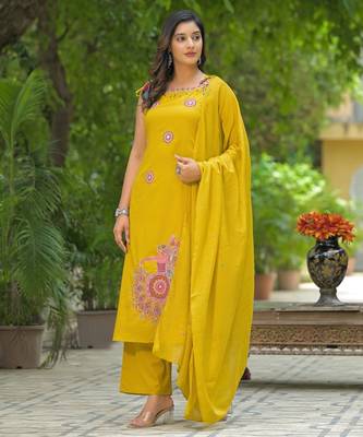 Floral embroidered yellow round neck  cotton kurta set with trouser & dupatta 1