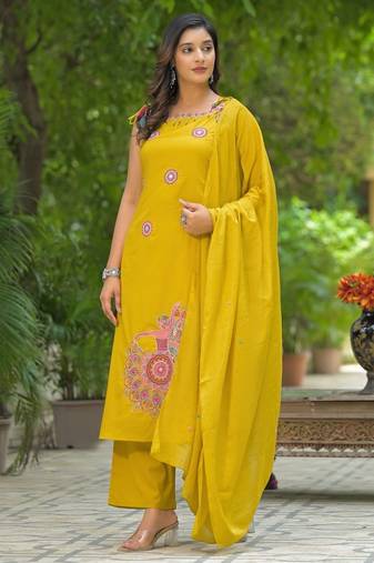 Floral embroidered yellow round neck pure cotton kurta set with trouser & dupatta