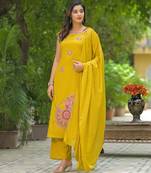 Floral embroidered yellow round neck pure cotton kurta set with trouser & dupatta