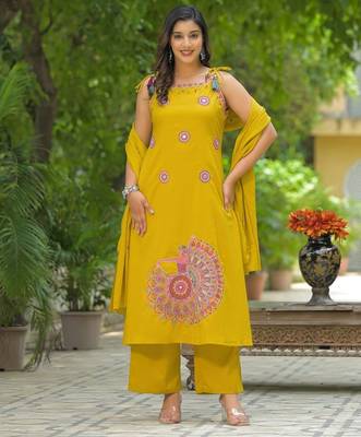 Floral embroidered yellow round neck  cotton kurta set with trouser & dupatta 2
