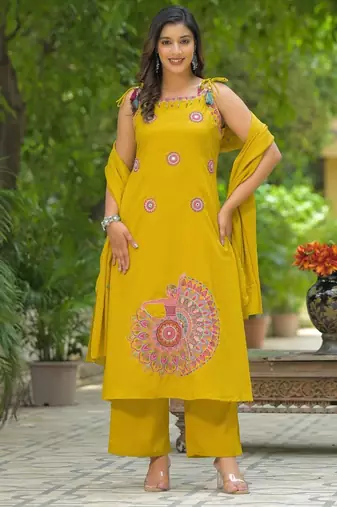 Floral embroidered yellow round neck  cotton kurta set with trouser & dupatta