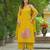 Floral embroidered yellow round neck pure cotton kurta set with trouser & dupatta