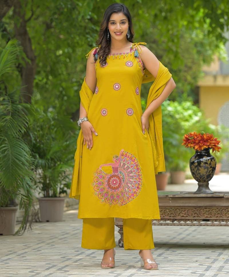 Floral embroidered yellow round neck pure cotton kurta set with trouser & dupatta