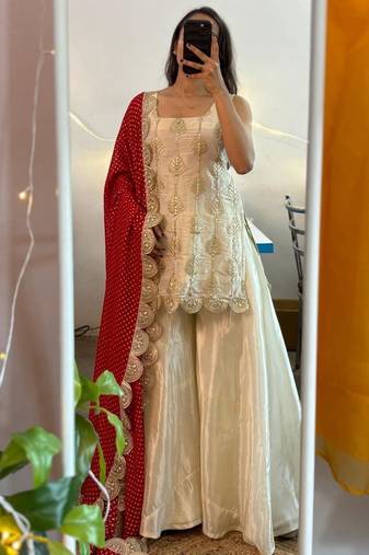 Floral embroidered beige round neck chinon kurta set with trouser & dupatta