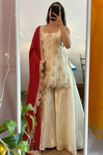 Floral embroidered beige round neck chinon kurta set with trouser & dupatta