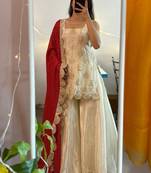 Floral embroidered beige round neck chinon kurta set with trouser & dupatta