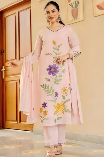 Floral embroidered cream v neck pure cotton kurta set with trouser & dupatta