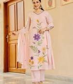 Floral embroidered cream v neck pure cotton kurta set with trouser & dupatta