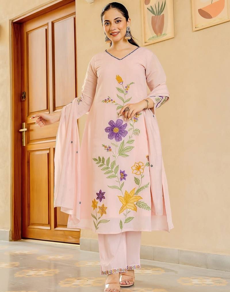 Floral embroidered cream v neck pure cotton kurta set with trouser & dupatta