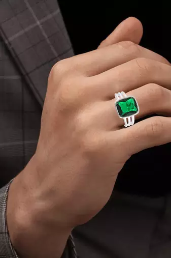 Brass silver plated natural real emerald finger ring