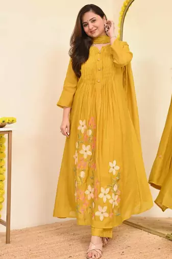 Floral embroidered yellow round neck pure cotton kurta set with trouser & dupatta