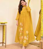Floral embroidered yellow round neck pure cotton kurta set with trouser & dupatta