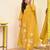 Floral embroidered yellow round neck pure cotton kurta set with trouser & dupatta