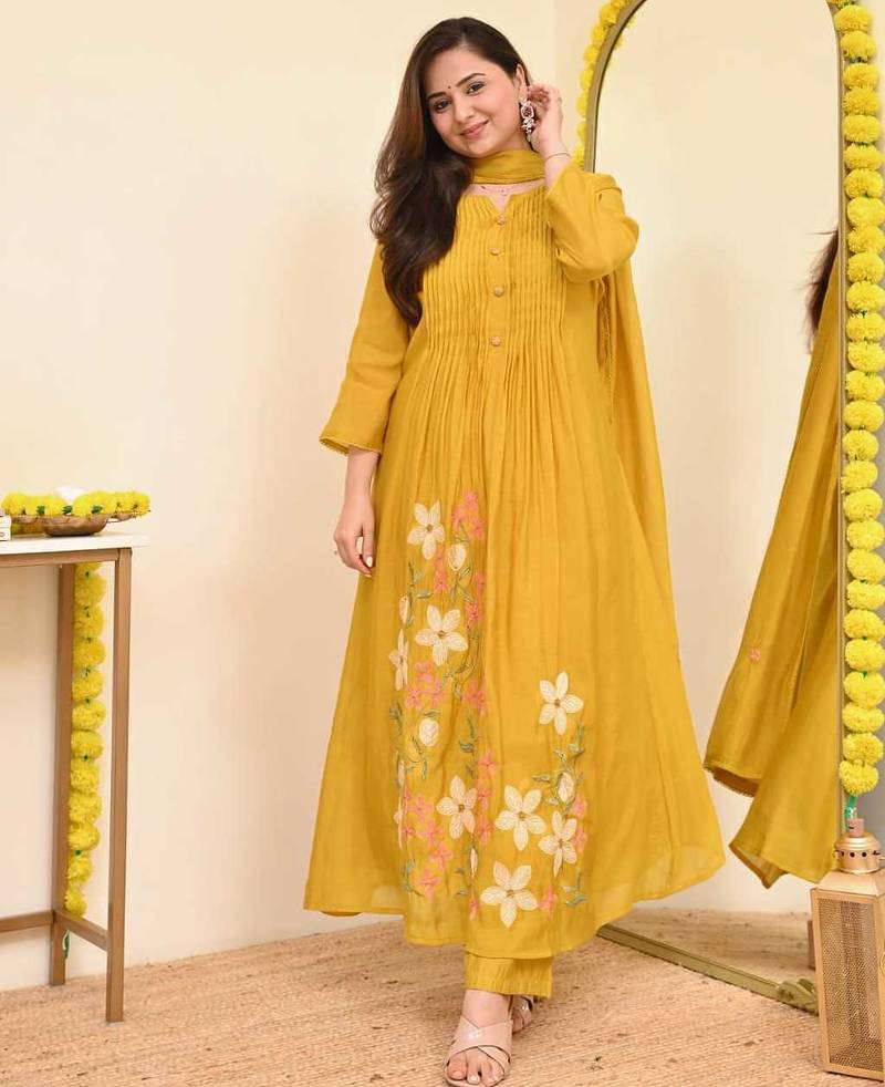 Floral embroidered yellow round neck pure cotton kurta set with trouser & dupatta