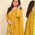 Floral embroidered yellow round neck pure cotton kurta set with trouser & dupatta