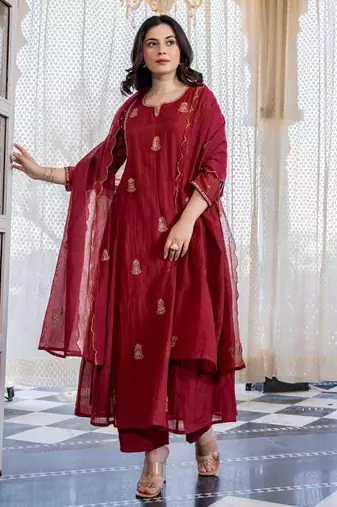 Deep Red Embroidered Mul Chanderi Anarkali Kurti Set