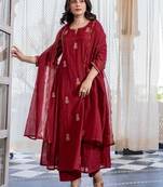 Deep Red Embroidered Mul Chanderi Anarkali Kurti Set