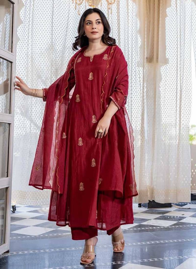Deep Red Embroidered Mul Chanderi Anarkali Kurti Set
