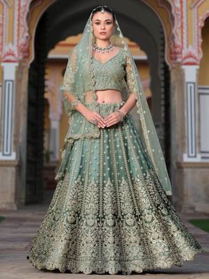 pista green zari work net lehenga set choli with dupatta with dupatta 1